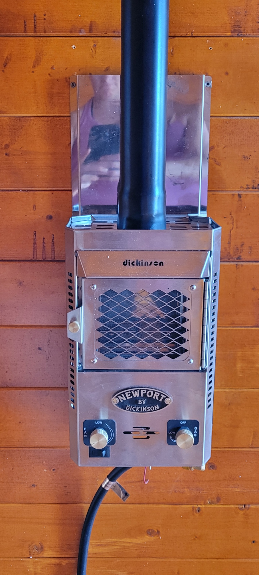 Close-up of the propane heater inside the Big Cat Ranch cabin